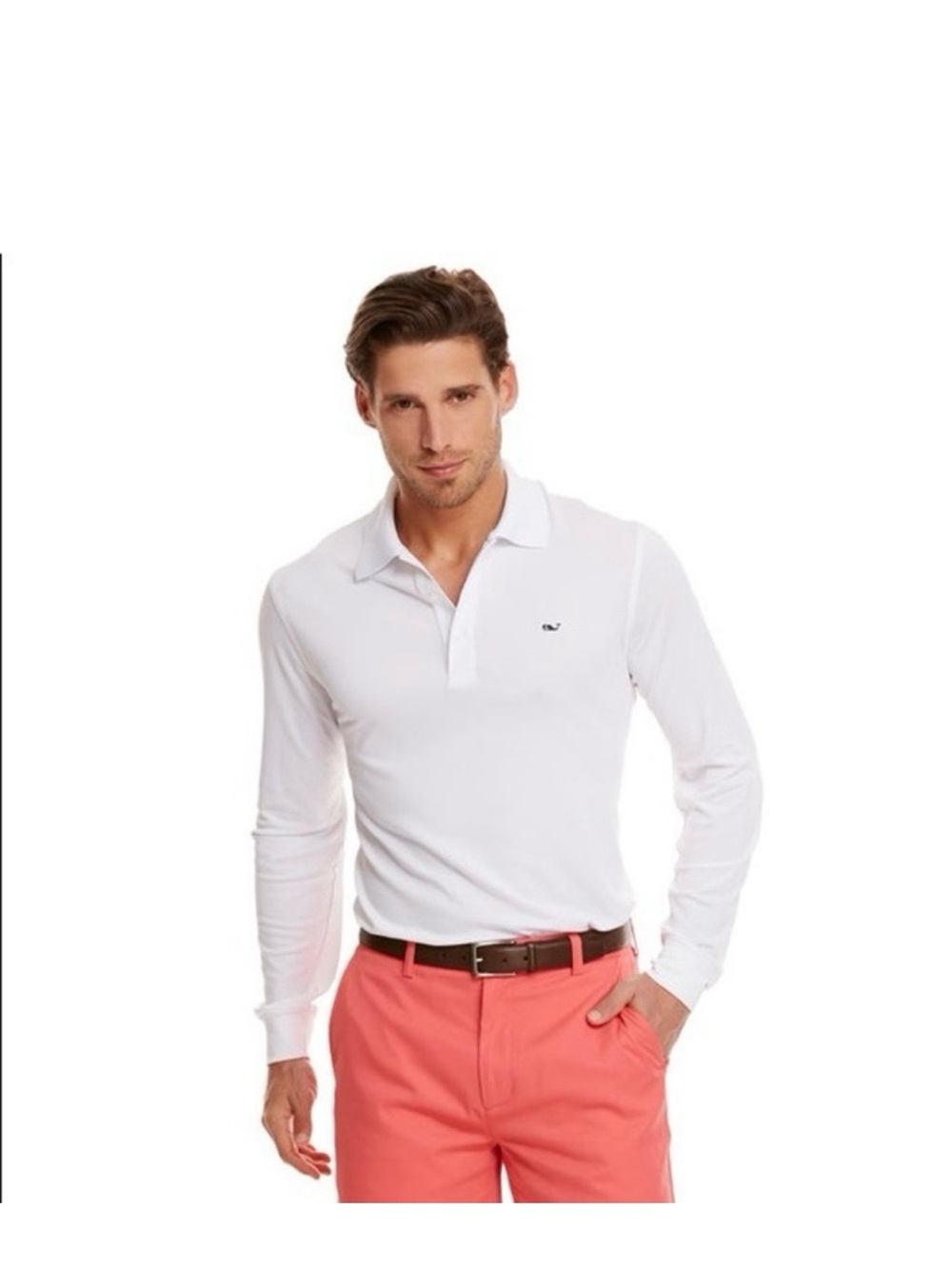 Vineyard Vines White Long-Sleeve Polo with Navy Whale Logo